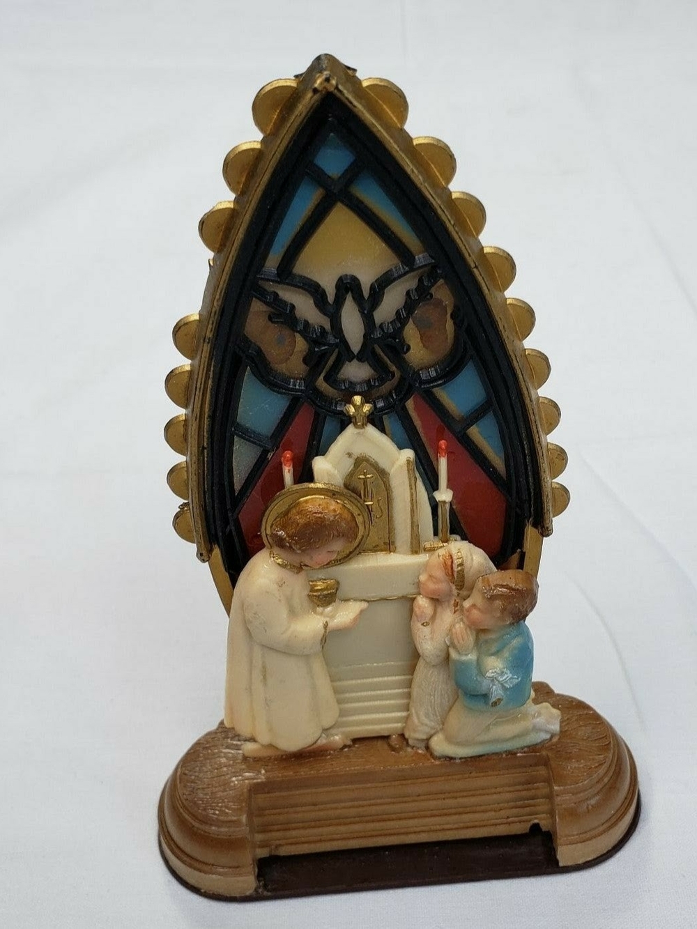 Vintage Plastic Religious Communion Figurine Stained Glass Backing Italy